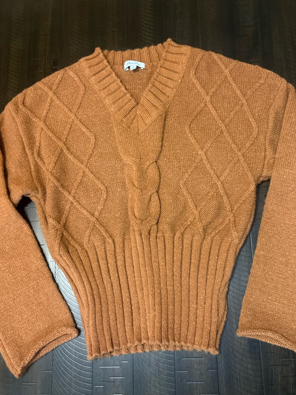 Women's V-Neck Cable Knit Sweater - Rust
